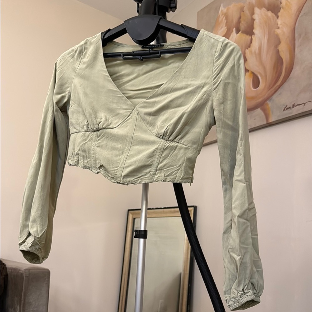 Kendall & Kylie Green Asymmetrical Long Sleeve Crop Blouse